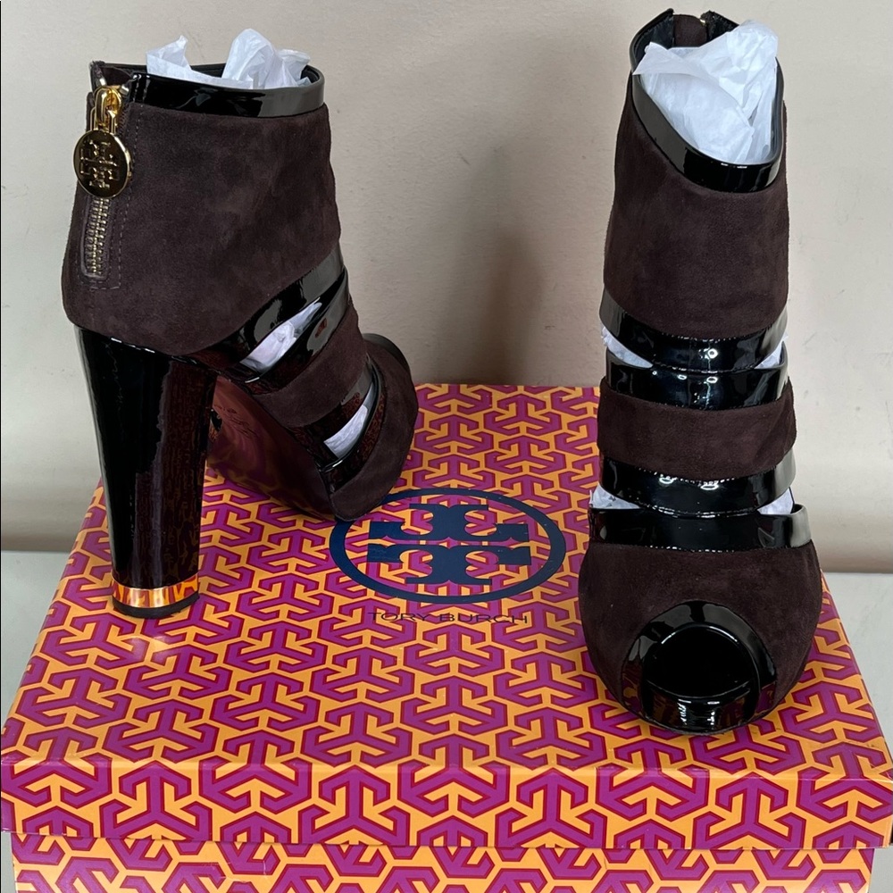 Tory Burch Suede Patent Heel Bootie - Picture 8 of 11